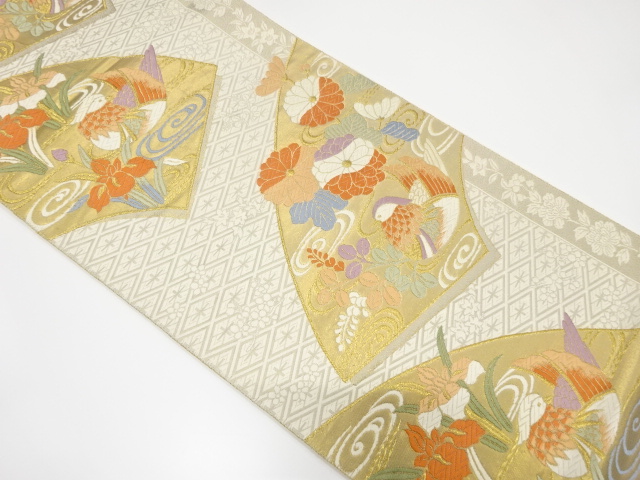 地紙に鴛鴦・菊・杜若模様織り出し袋帯